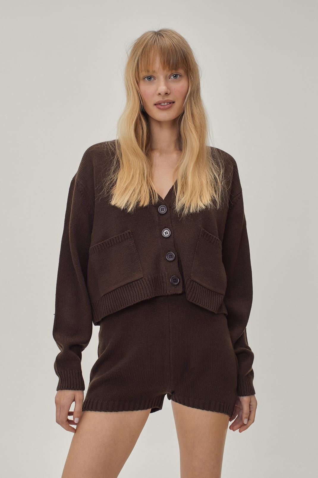 Chocolate Knitted Cardigan and Shorts Loungewear Set image number 1