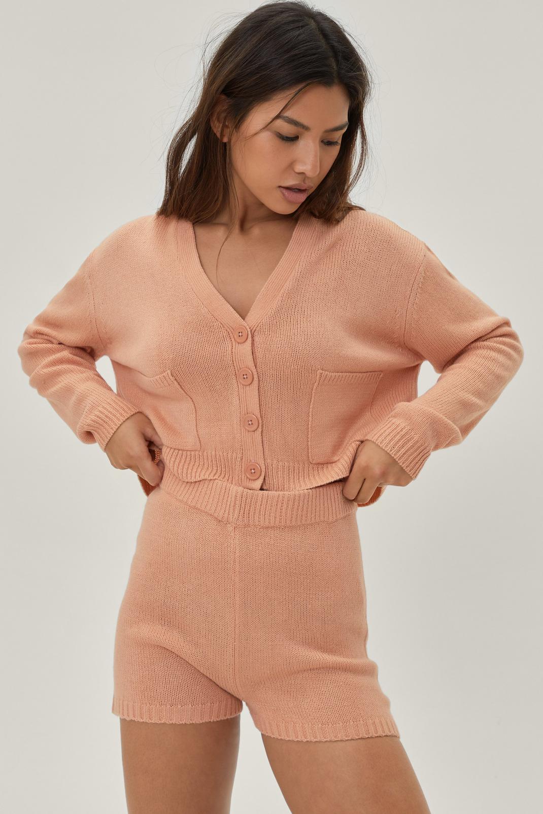 Dusky pink Knitted Cardigan and Shorts Loungewear Set image number 1