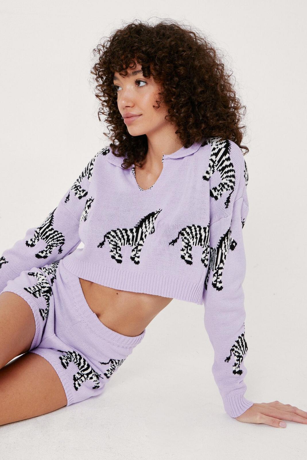 Lilac Knit Zebra Collar Sweater and Short Lounge Set image number 1