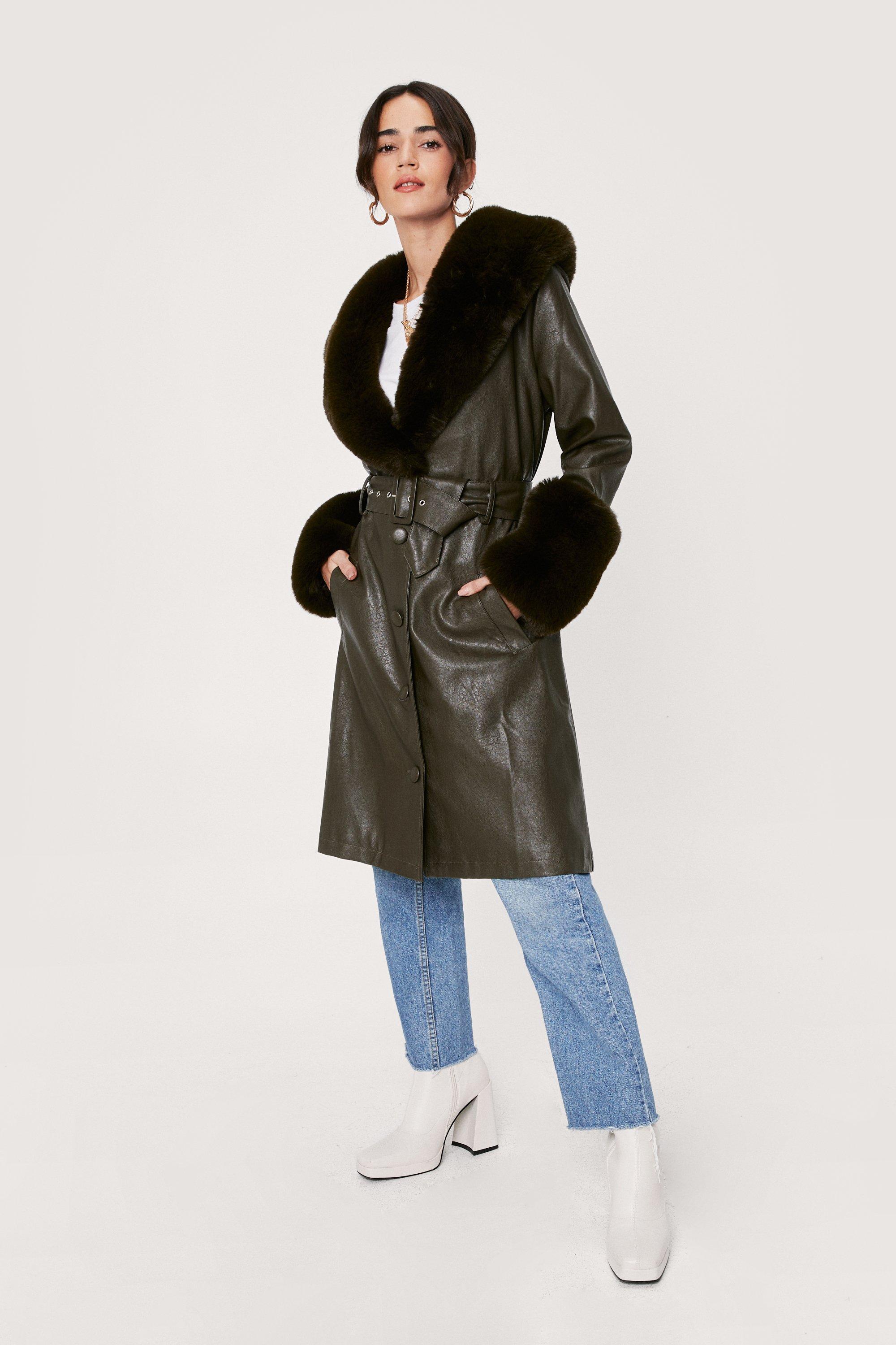 Faux fur-trimmed leather coat