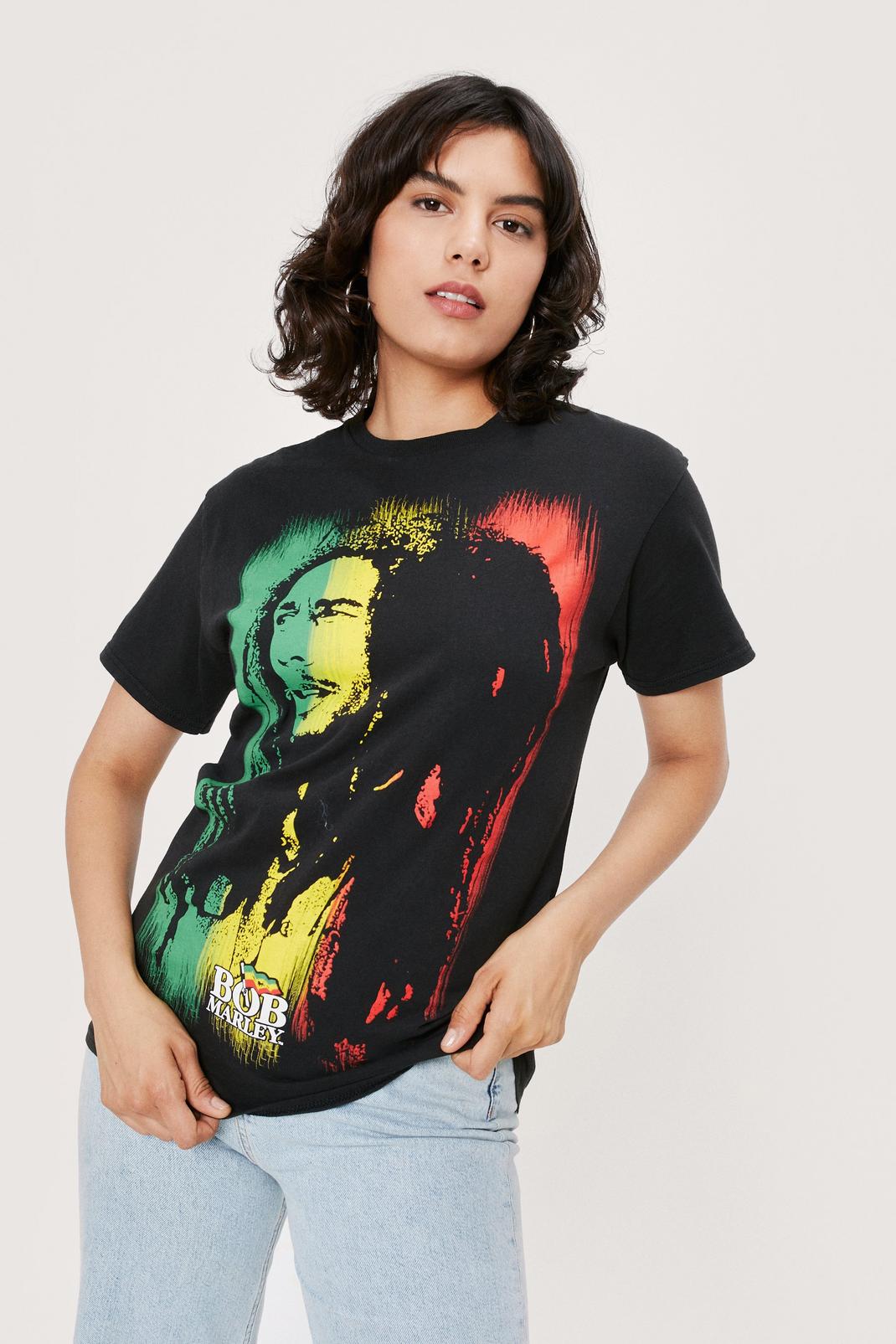 Black Bob Marley Crew Neck Graphic Band T-Shirt image number 1