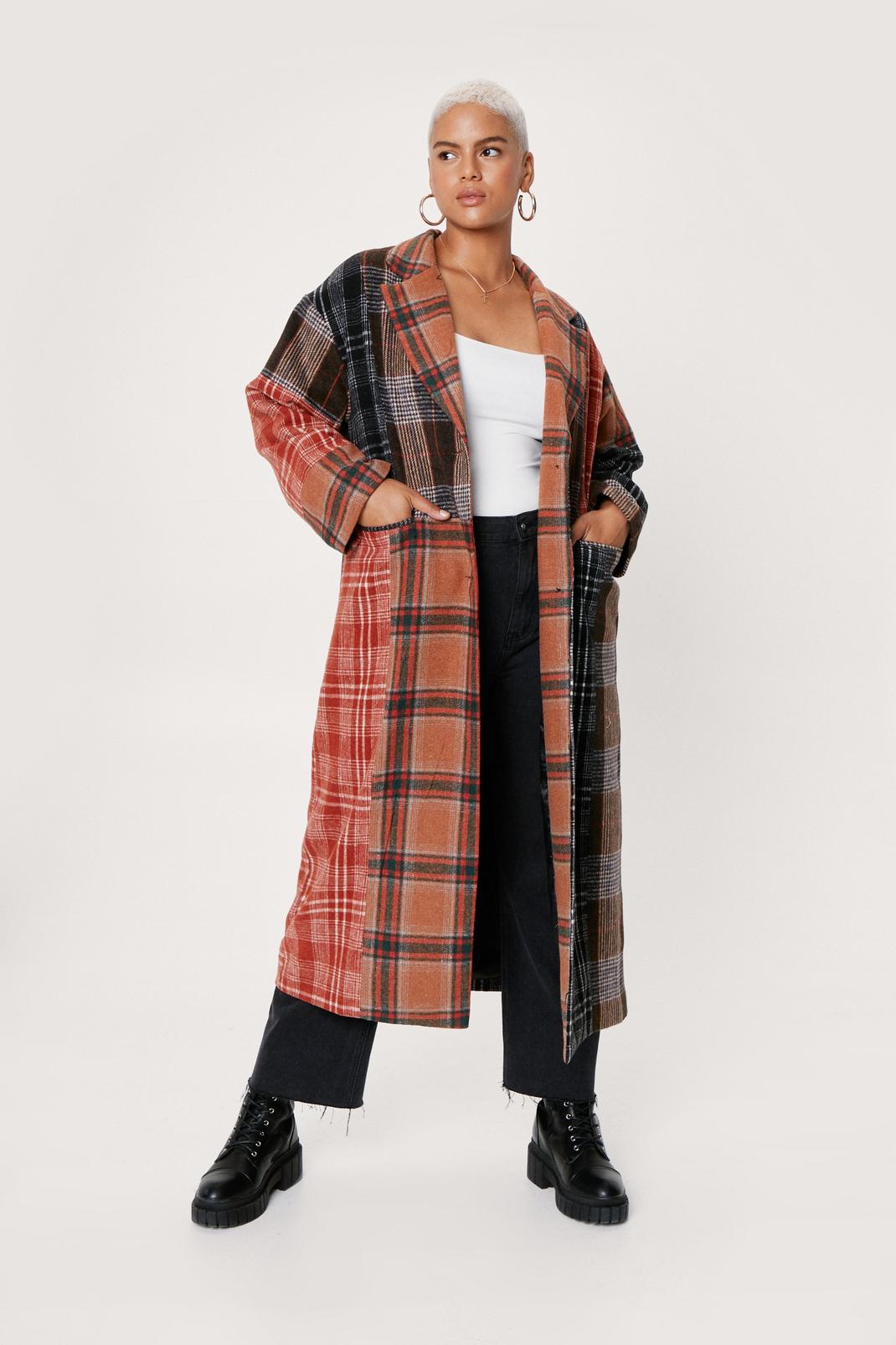 Brown Plus Size Patchwork Check Wool Look Coat image number 1