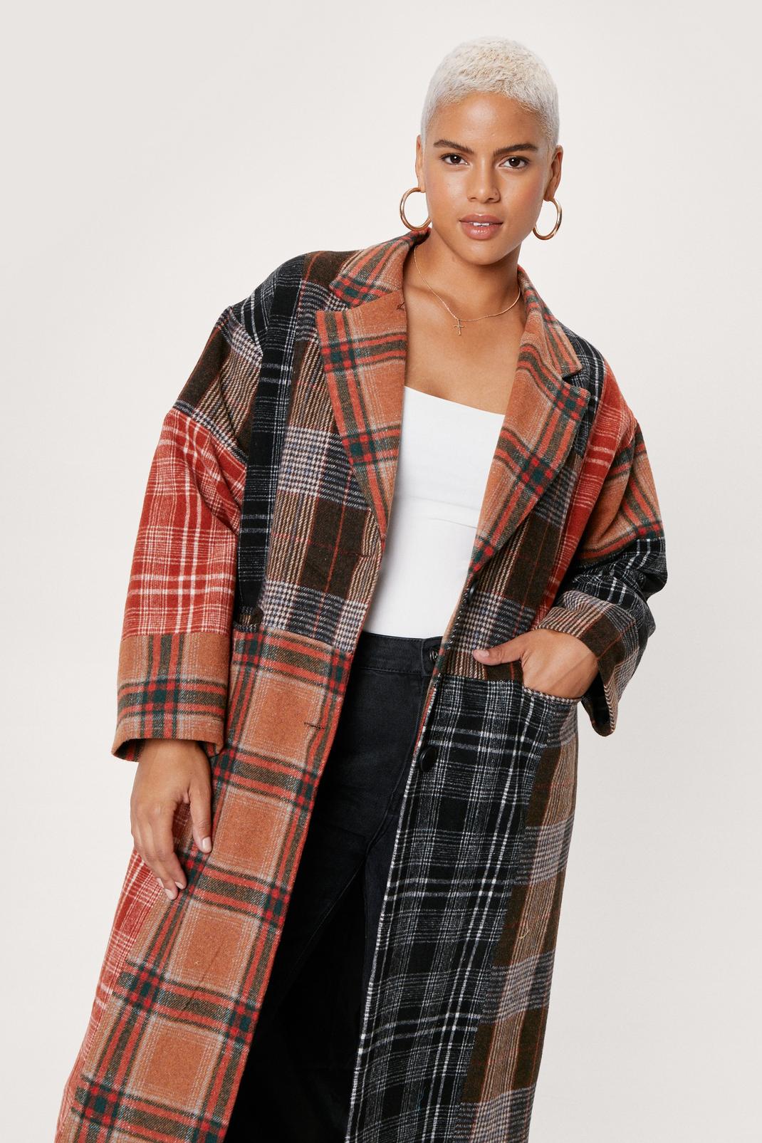 109 Plus Size Patchwork Check Wool Look Coat image number 2