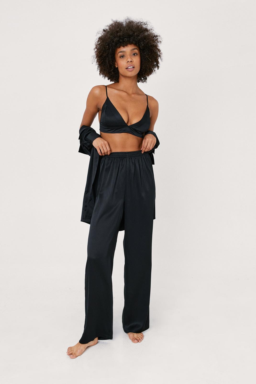 Black Recycled Satin 3pc Pajama Trouser Set image number 1