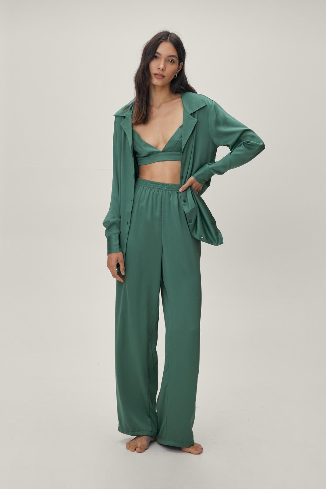 Emerald Recycled Satin 3 Pc Pyjama Pants Set image number 1