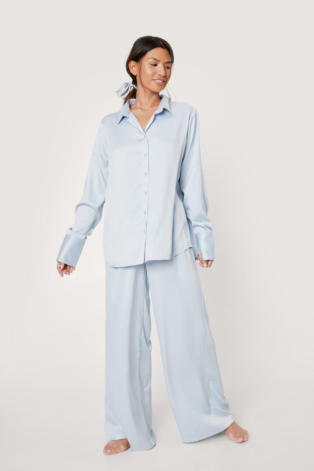 Dusty blue Satin Oversized Pajama and Bow 3pc Set image number 1