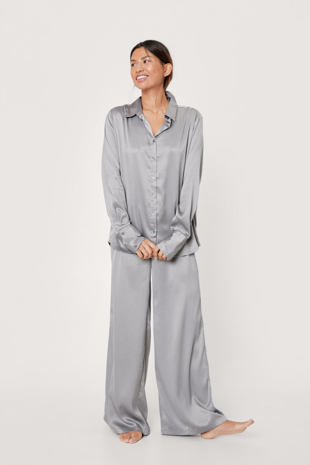 Grey Satin Oversized Pajama and Bow 3pc Set image number 1