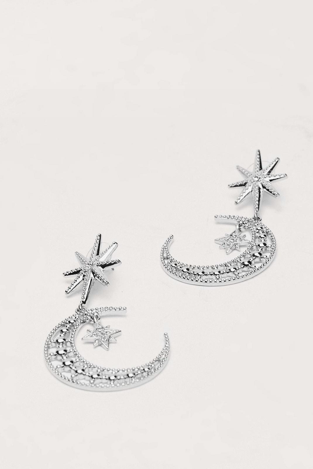 Silver Metal Moon Engraved Drop Earrings image number 1