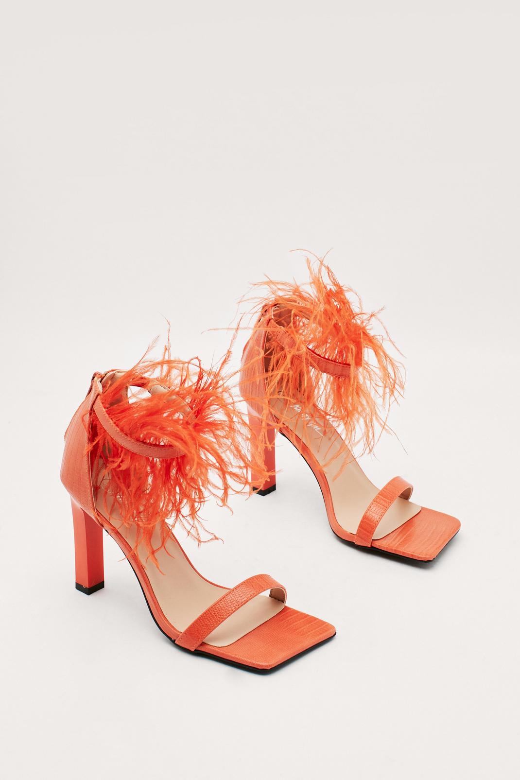 Orange Faux Leather Lizard Feather Strappy Heels image number 1