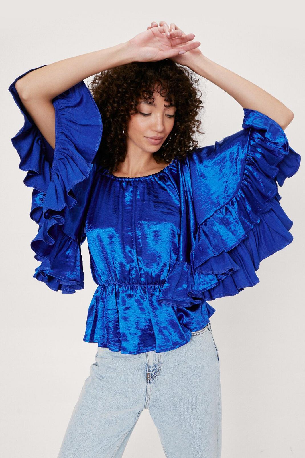 Cobalt Satin Ruffle Off the Shoulder Relaxed Blouse image number 1