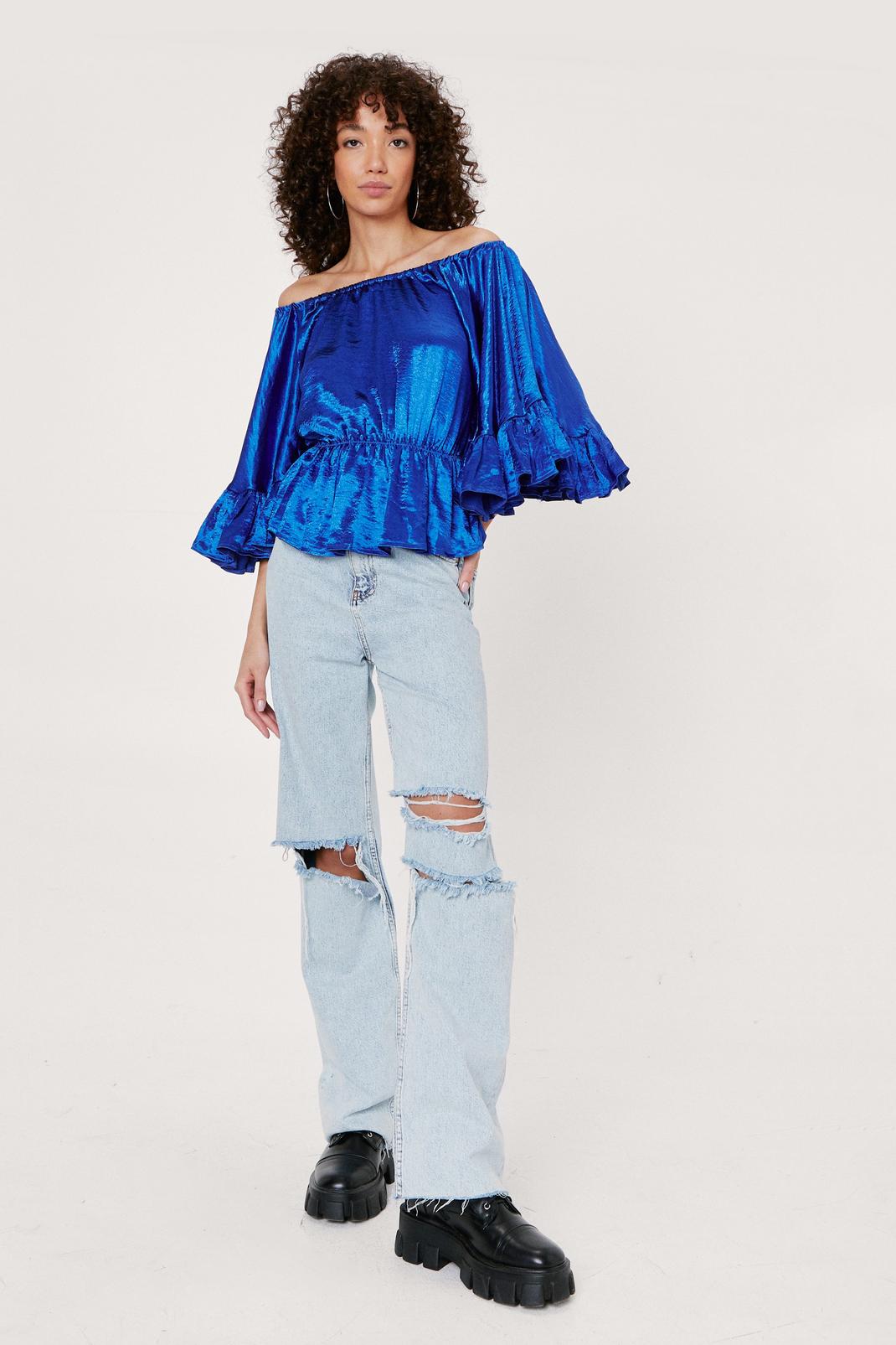 119 Satin Ruffle Off the Shoulder Relaxed Blouse image number 2