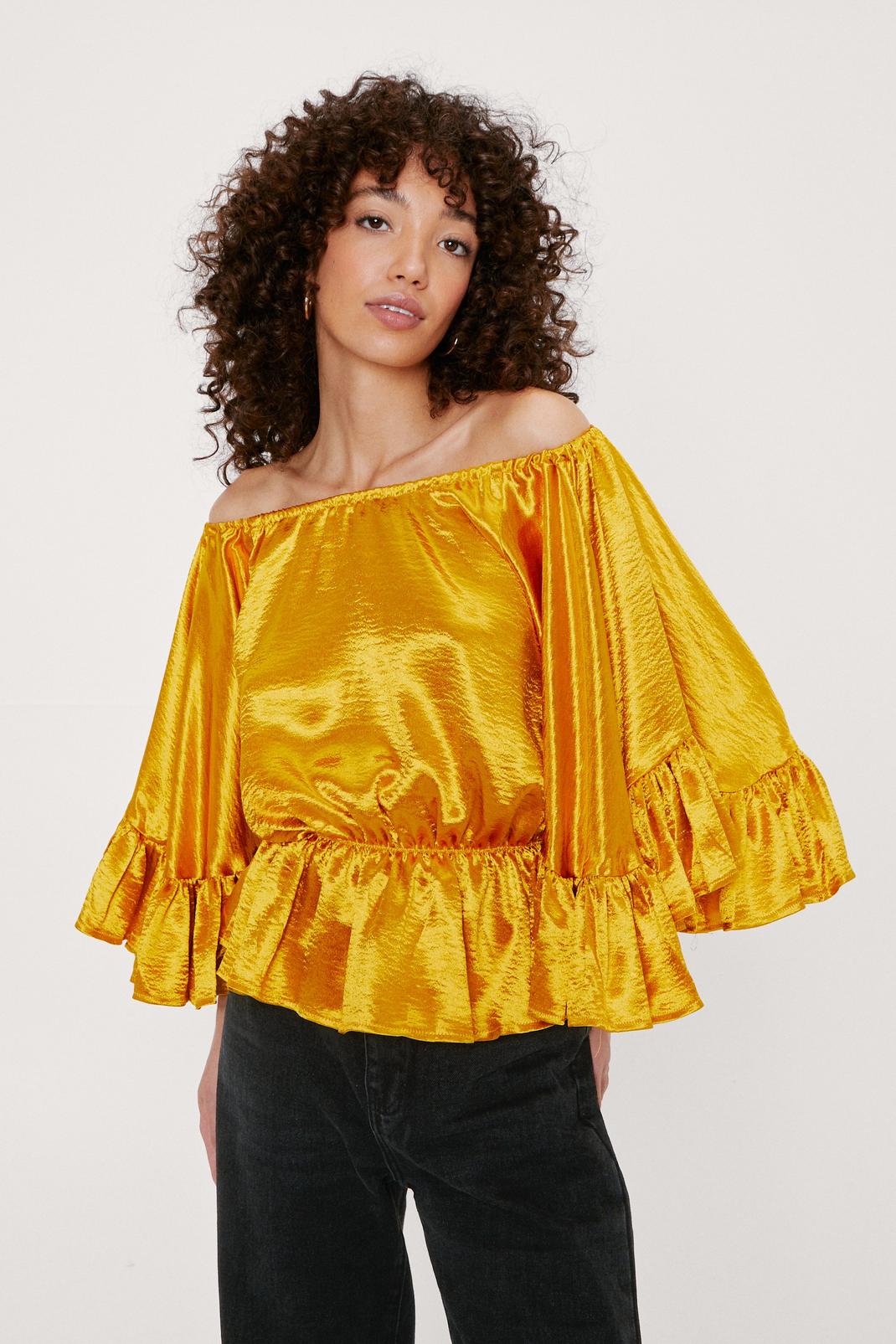 Gold Satin Ruffle Off the Shoulder Relaxed Blouse image number 1