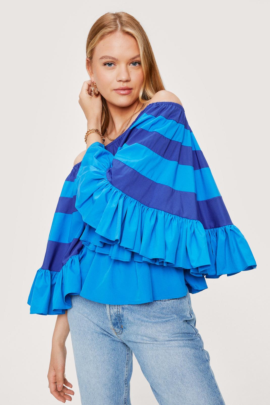 Stripe Print Off the Shoulder Ruffle Top image number 1