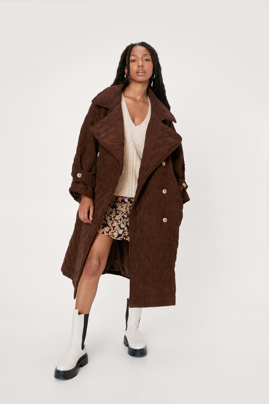 Chocolate Petite Oversized Quilted Double Breasted Trench Coat image number 1