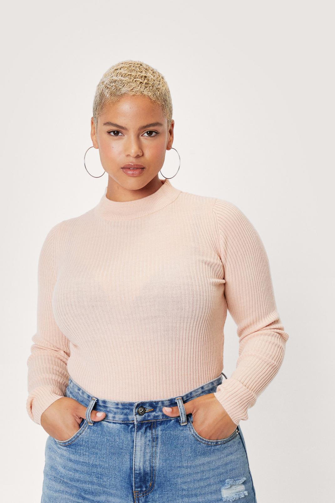 Pale pink Plus Size High Neck Long Sleeve Knitted Top image number 1