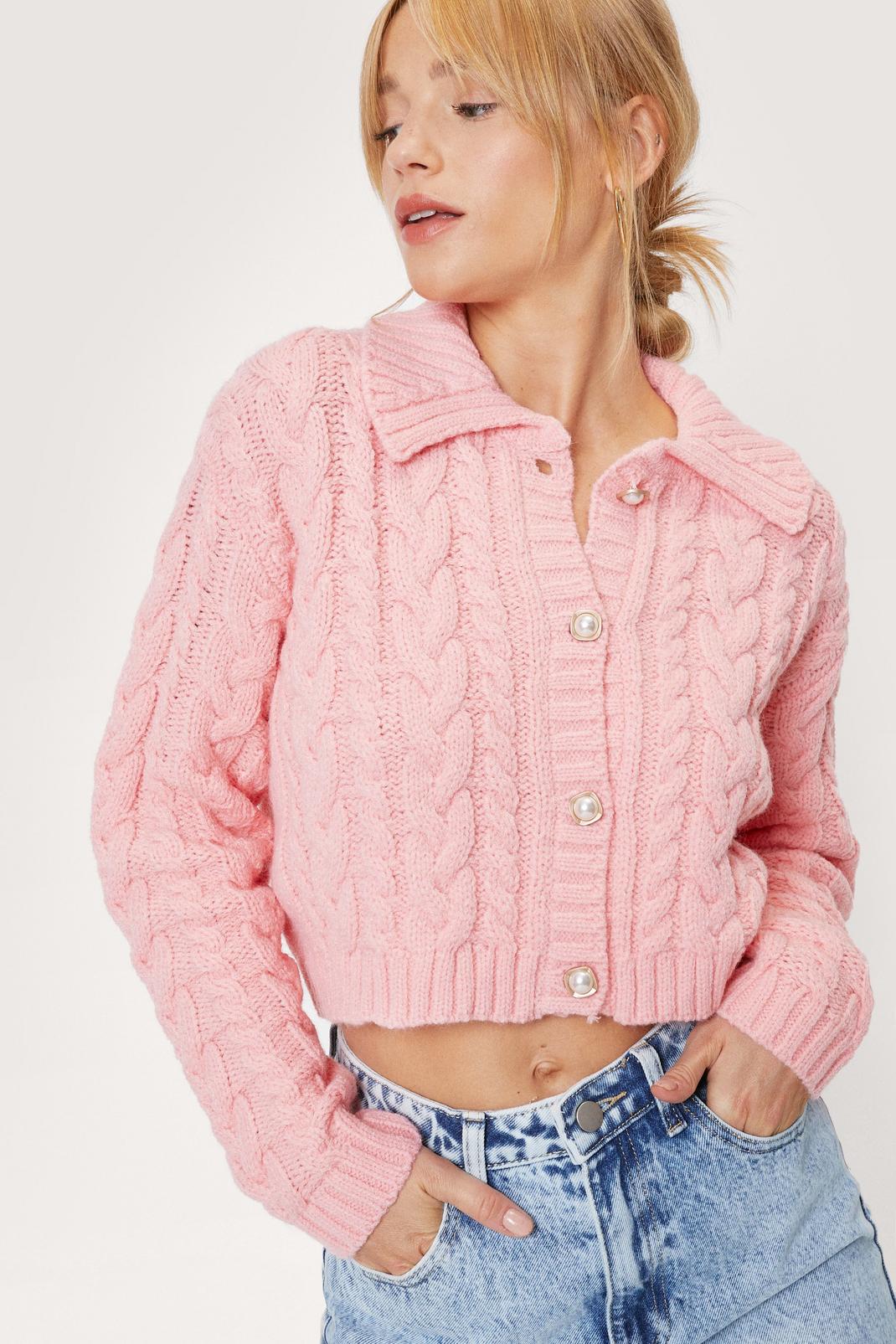 Pink Petite Cable Knit Diamante Button Cardigan image number 1