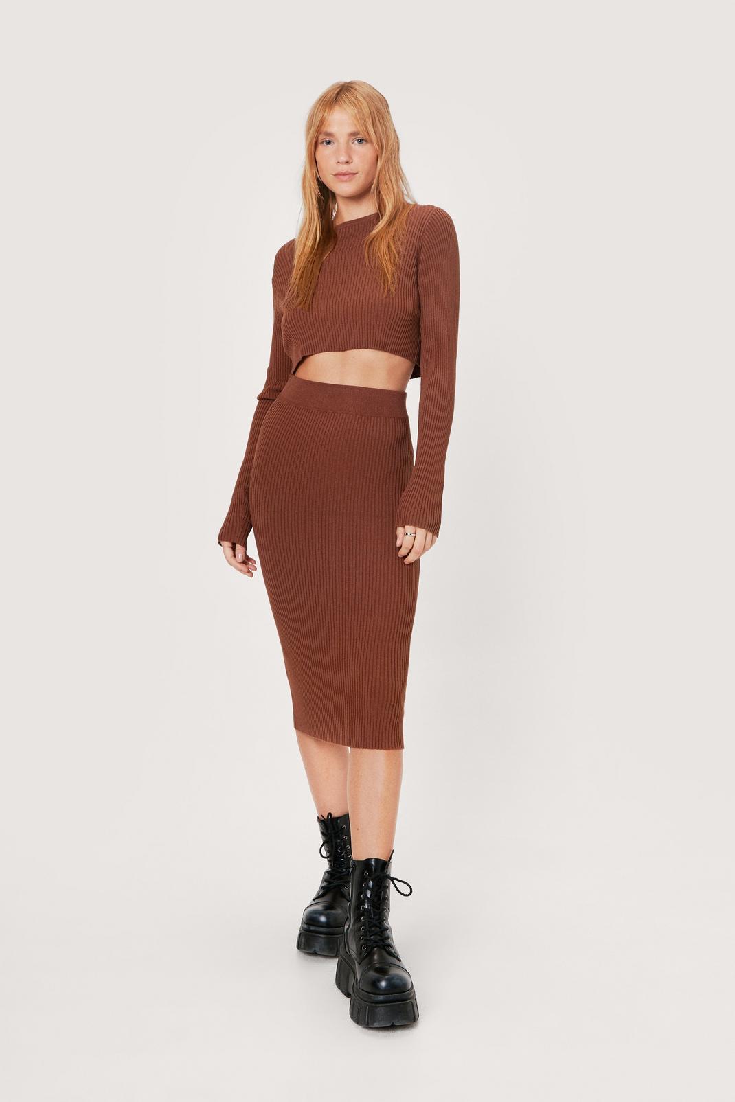 Chocolate Petite Knitted Crop Top and Midi Skirt Set image number 1