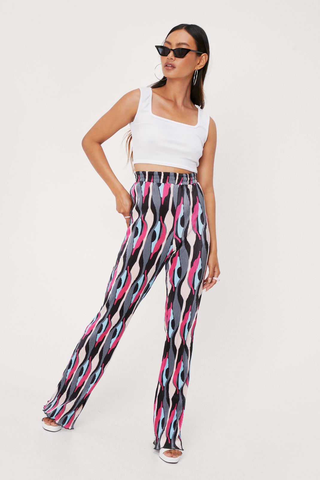 Hot pink Petite Plisse Abstract Print Flares image number 1