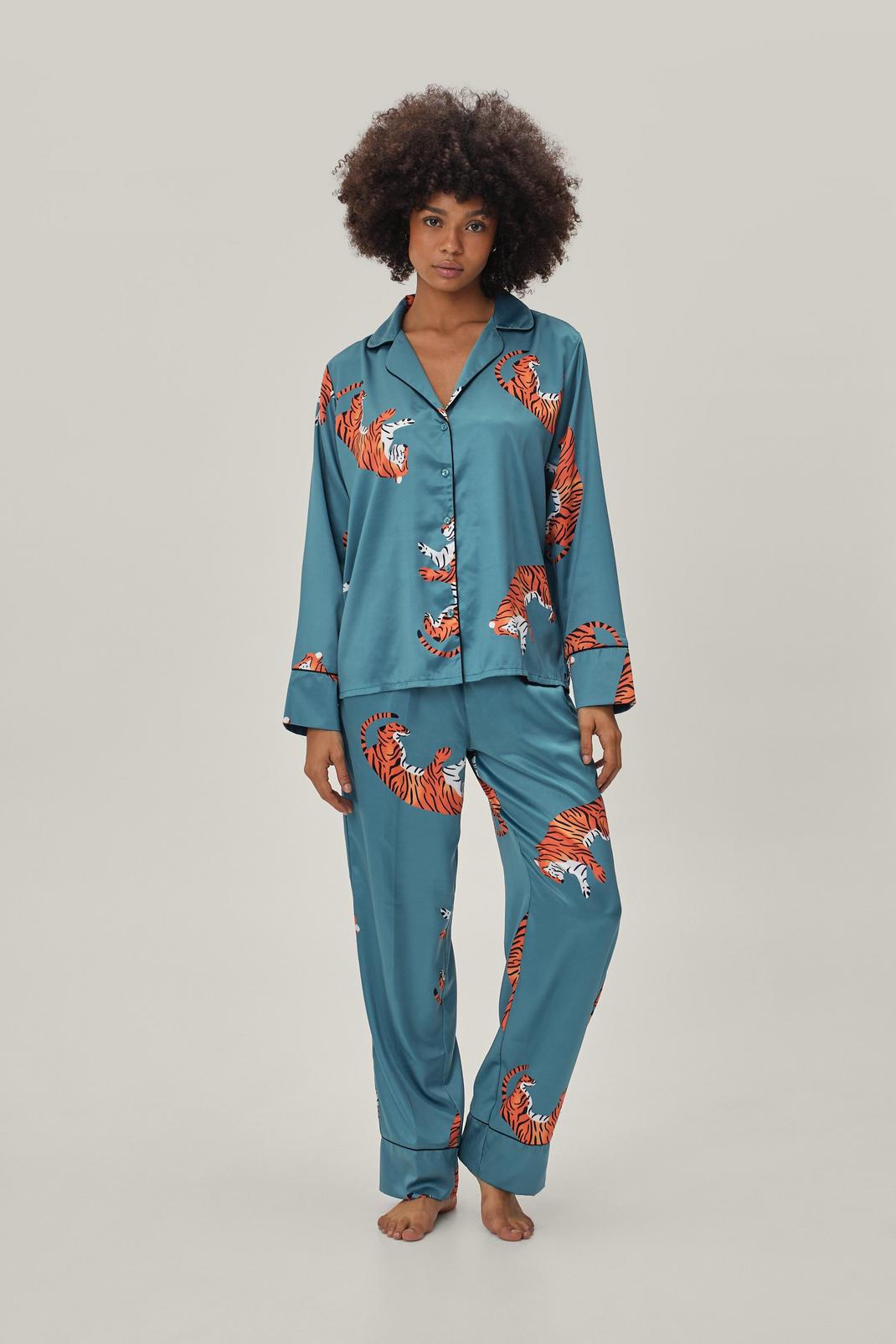 Emerald Satin Tiger Pajama Shirt and Pants Set image number 1