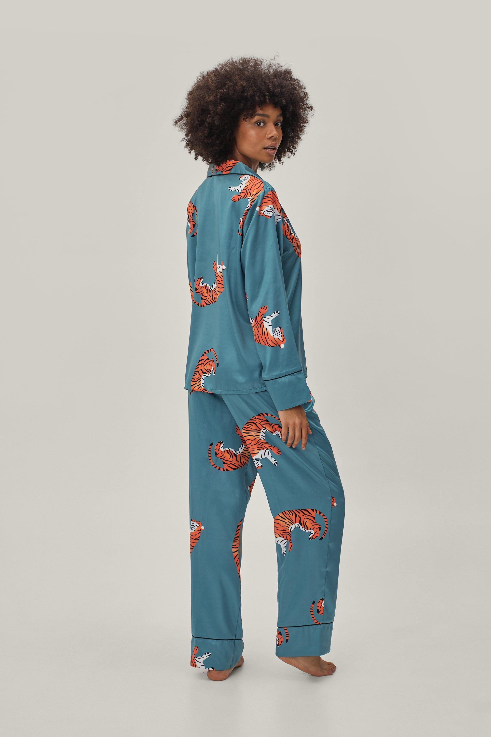 Nasty Gal Womens Satin Ombre Tiger Print Oversized Pajama Pants Set - Multi