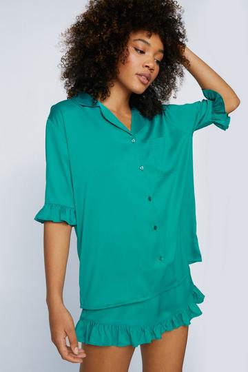 Recycled Satin Ruffle Pajama Short Set emerald