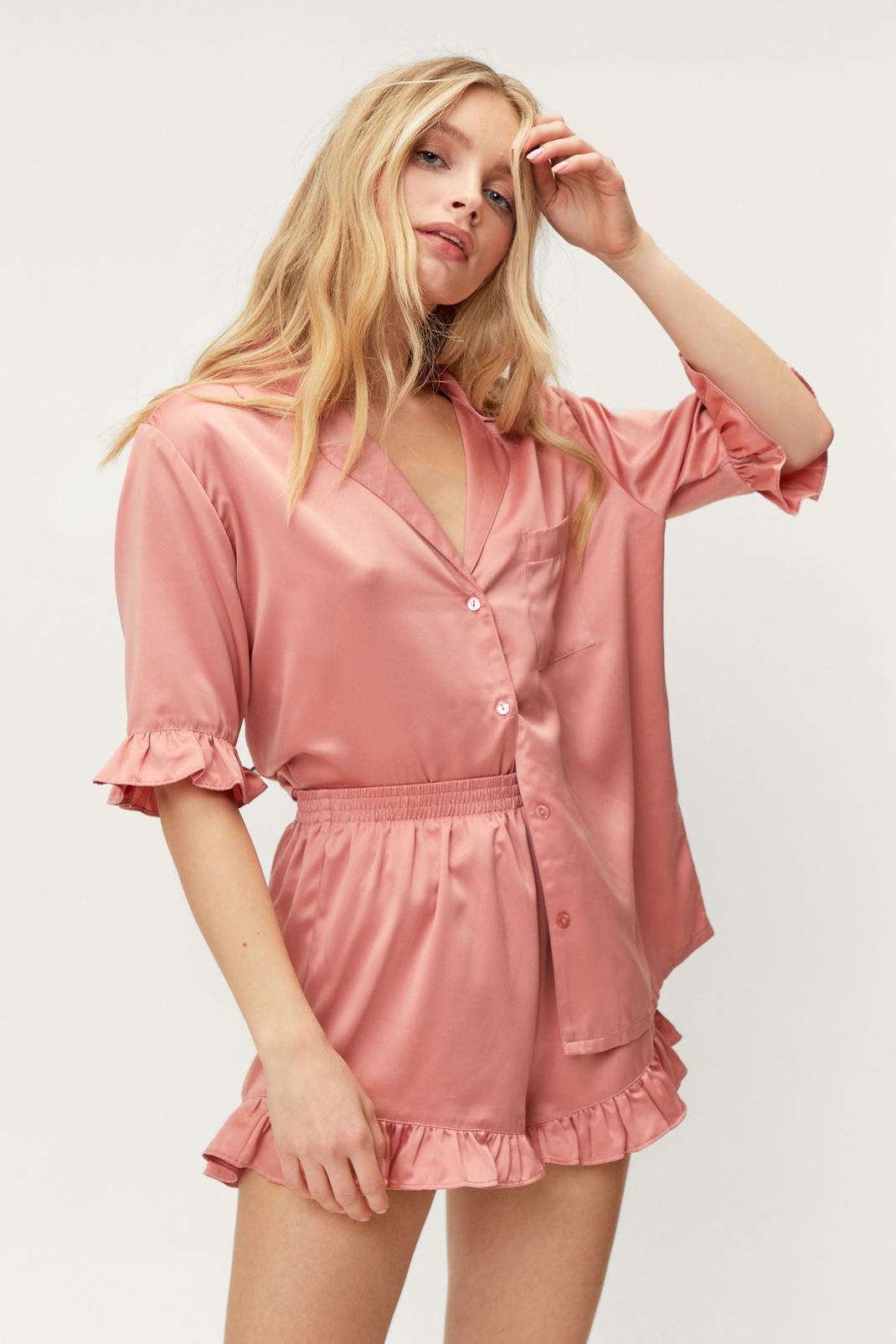 Recyclé - Pyjama satiné chemise & short volanté assorti, Rose image number 1