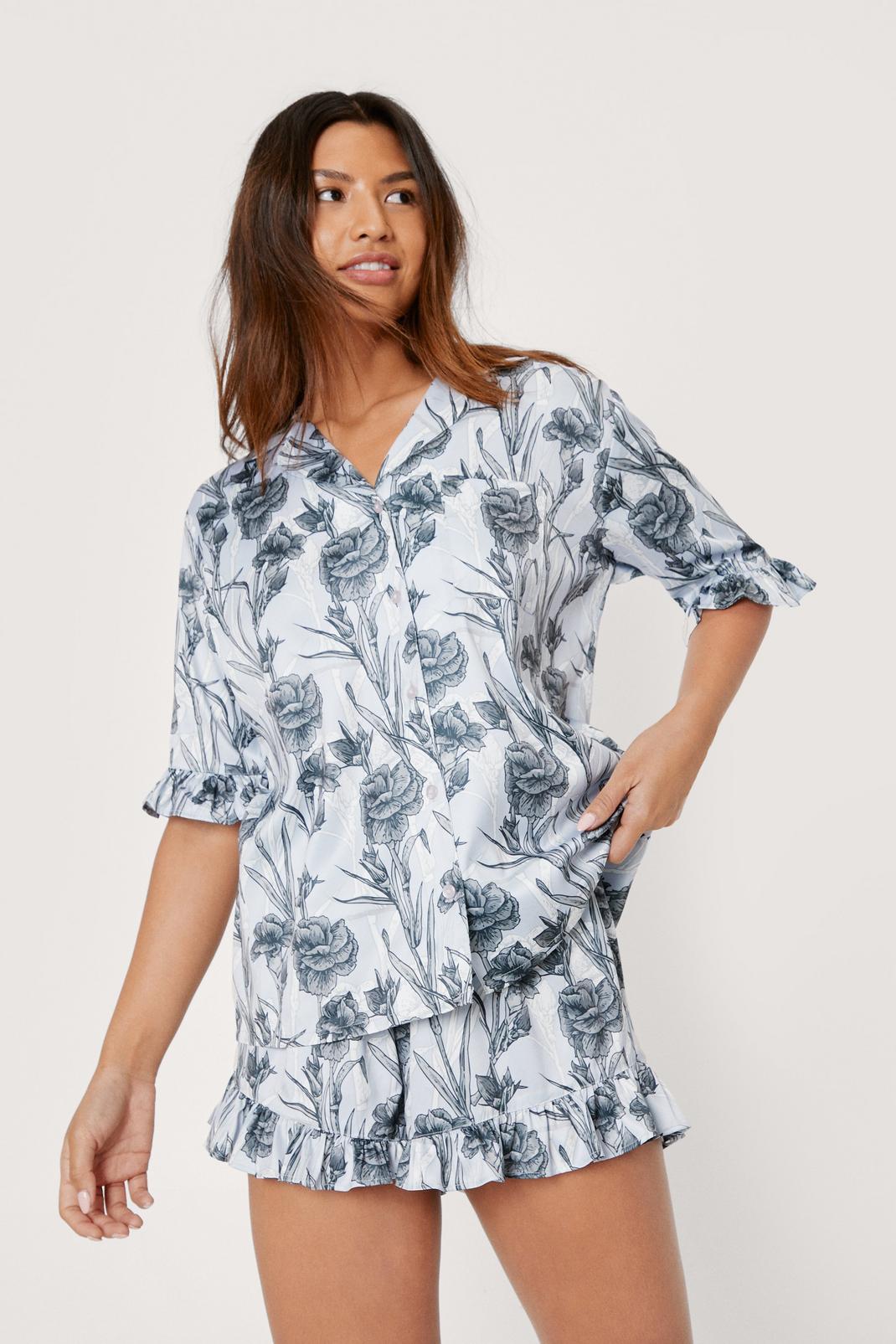 Dusty blue Recycled Satin Floral Ruffle Pyjama Shorts Set image number 1