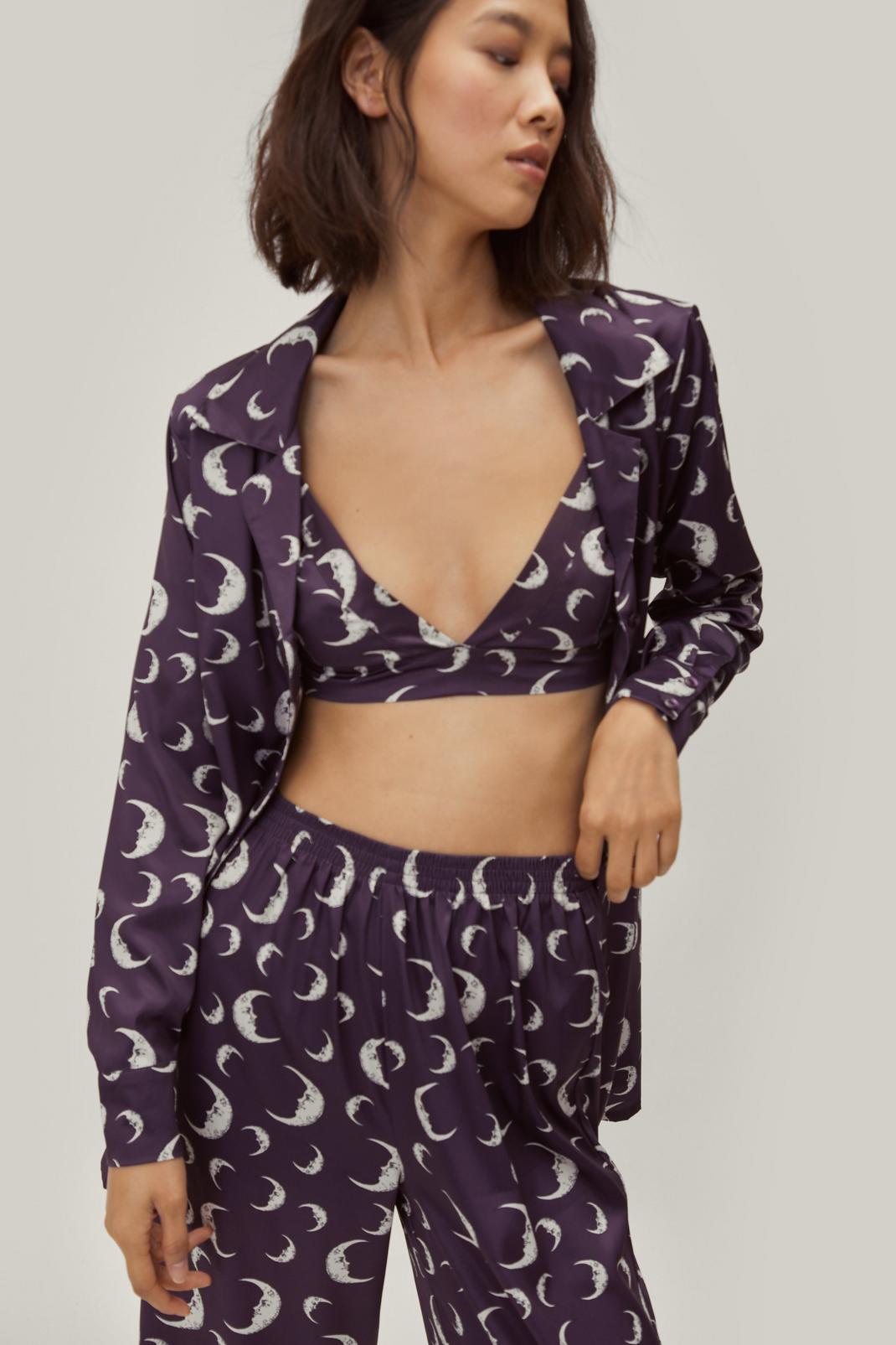 Ensemble pantalon de pyjama 4 pièces satiné recyclé à motif lune, Purple image number 1