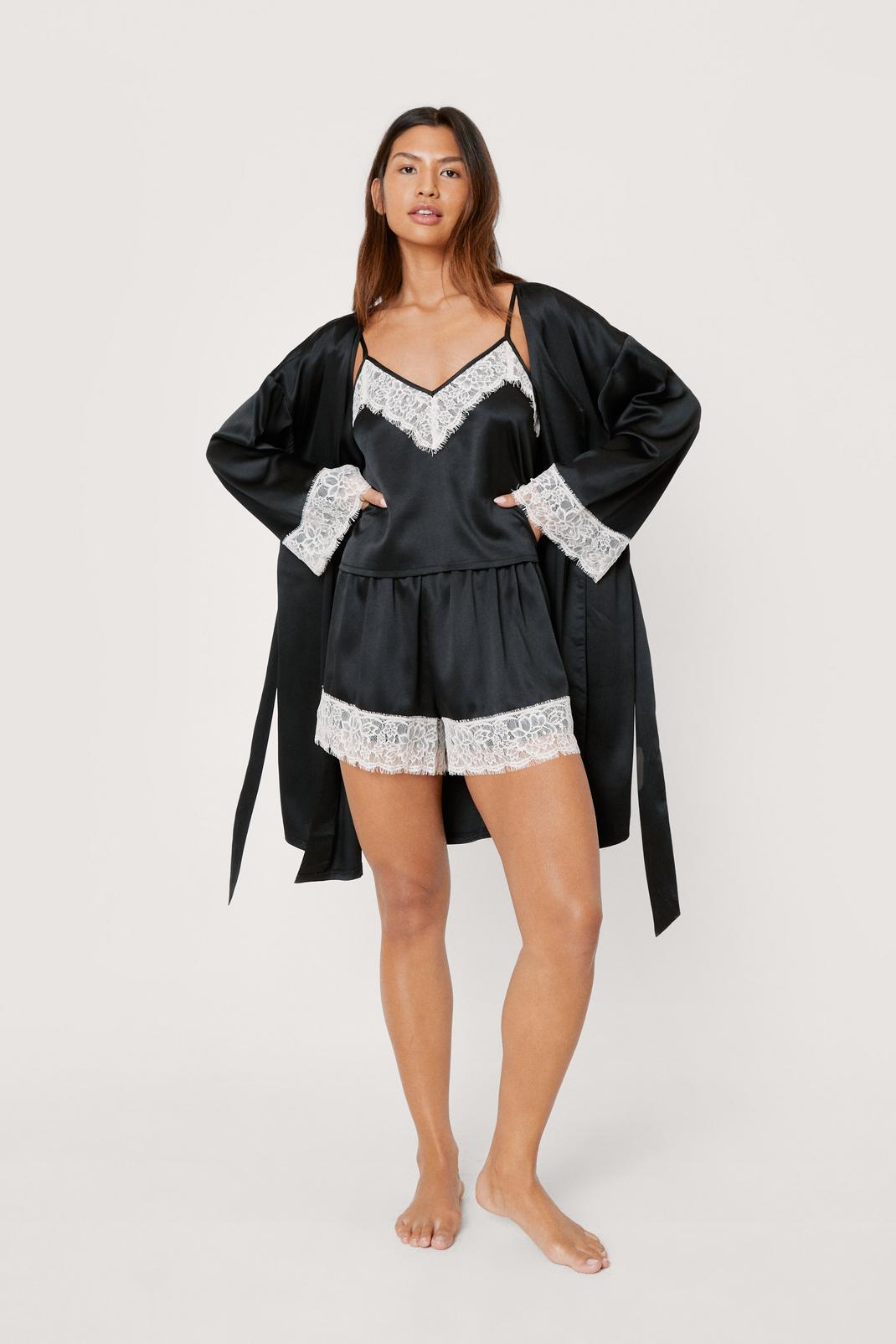 Black Satin Lace Trim Pajama Short 3pc image number 1