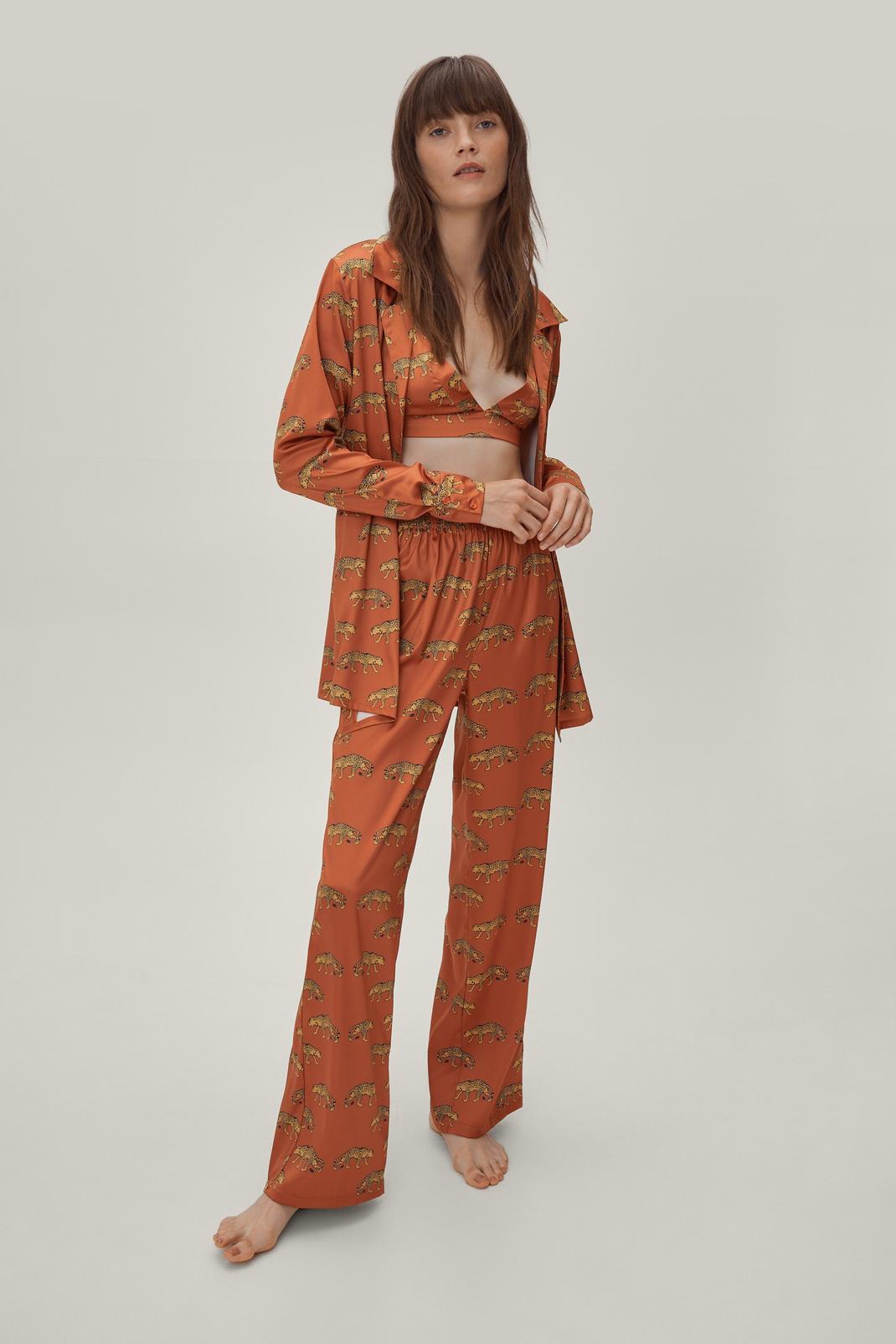 Rust Satin Cheetah 3pc Pajama Trouser Set image number 1