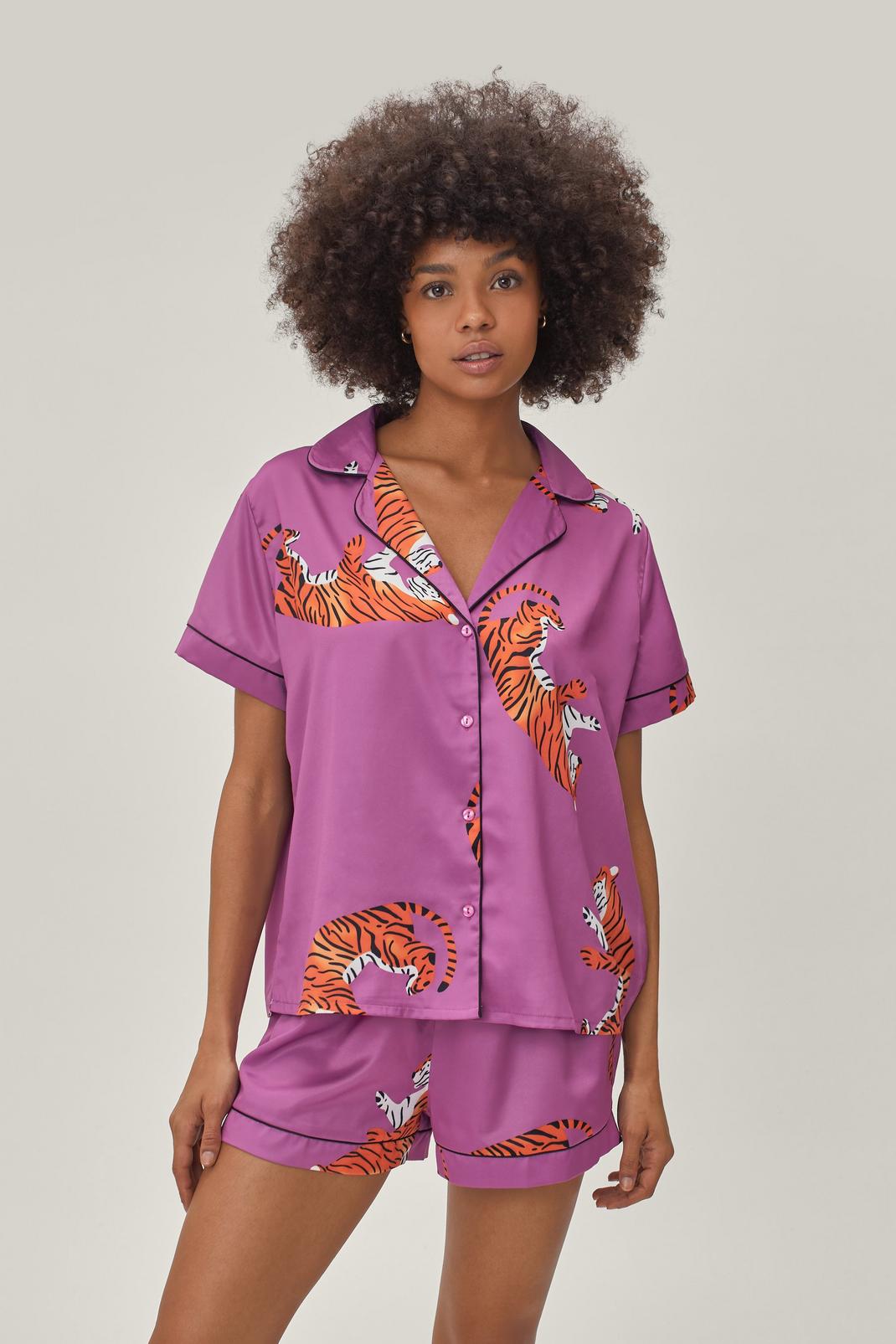 Recyclé - Pyjama chemise & short à imprimé tigre, Purple image number 1