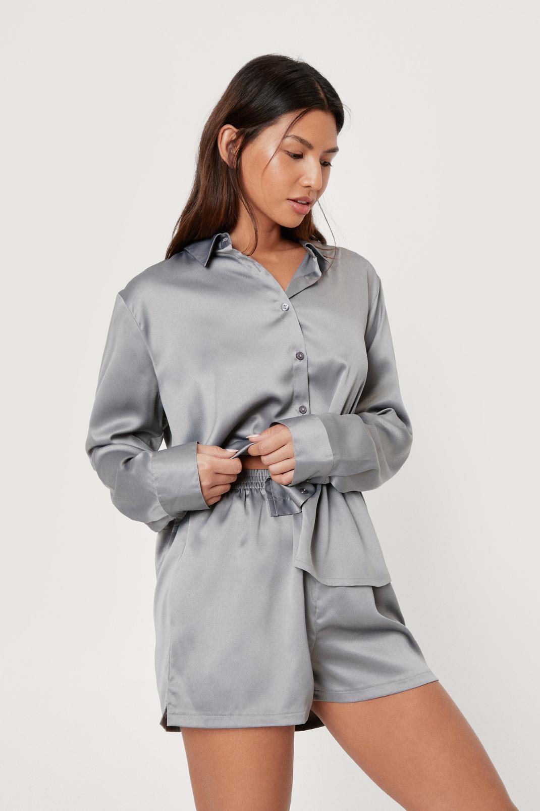 Grey Satin Slouchy Button Short Pajama Set  image number 1