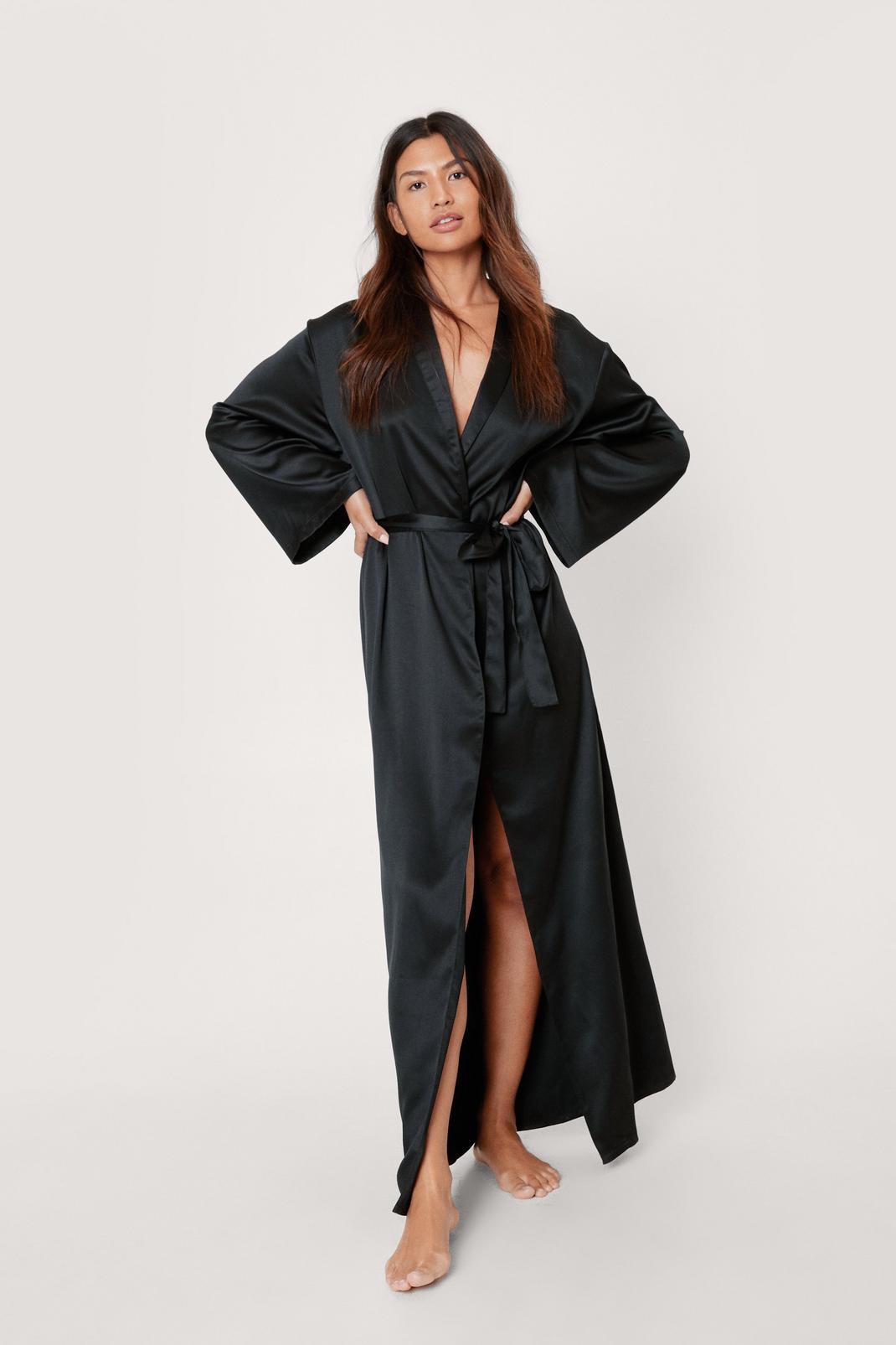 Black Satin Maxi Belted Dressing Gown image number 1