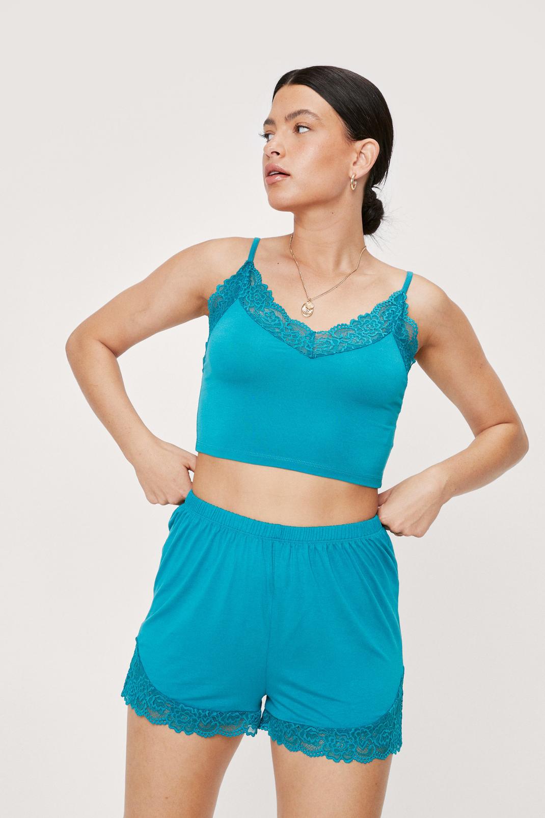 Pyjama en jersey crop top à col V & short assorti à dentelle, Emerald image number 1