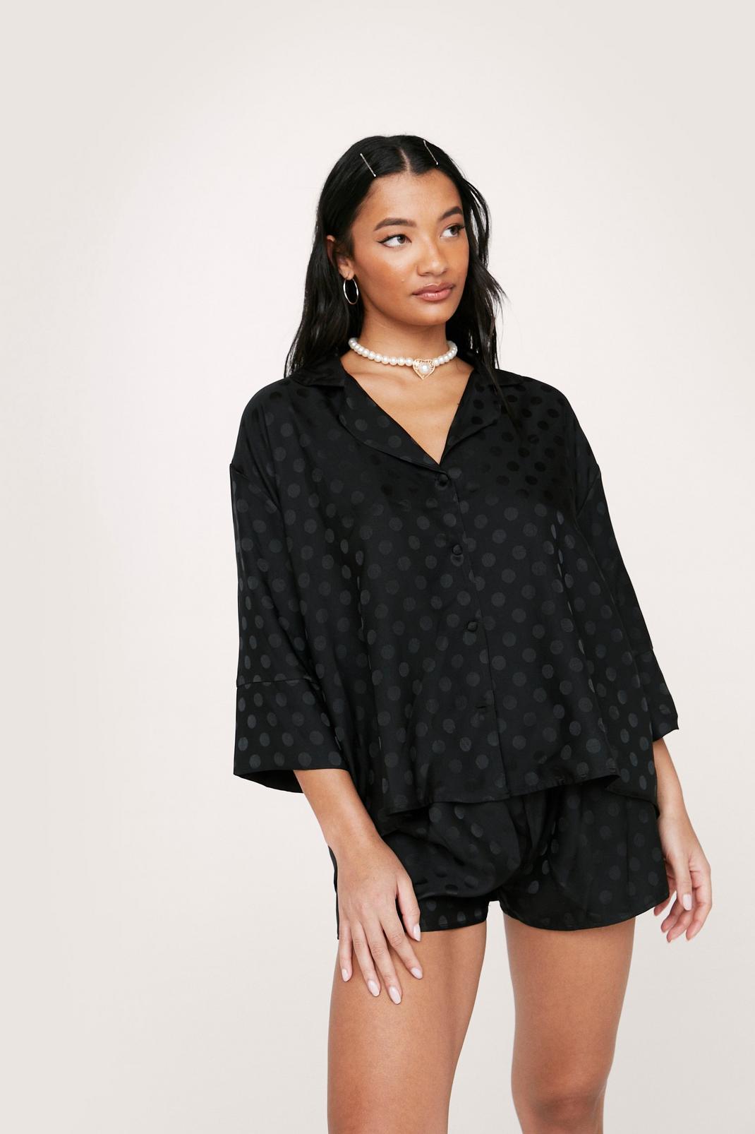 Black Satin Jacquard Ruffle Shirt and Shorts Pajama Set image number 1