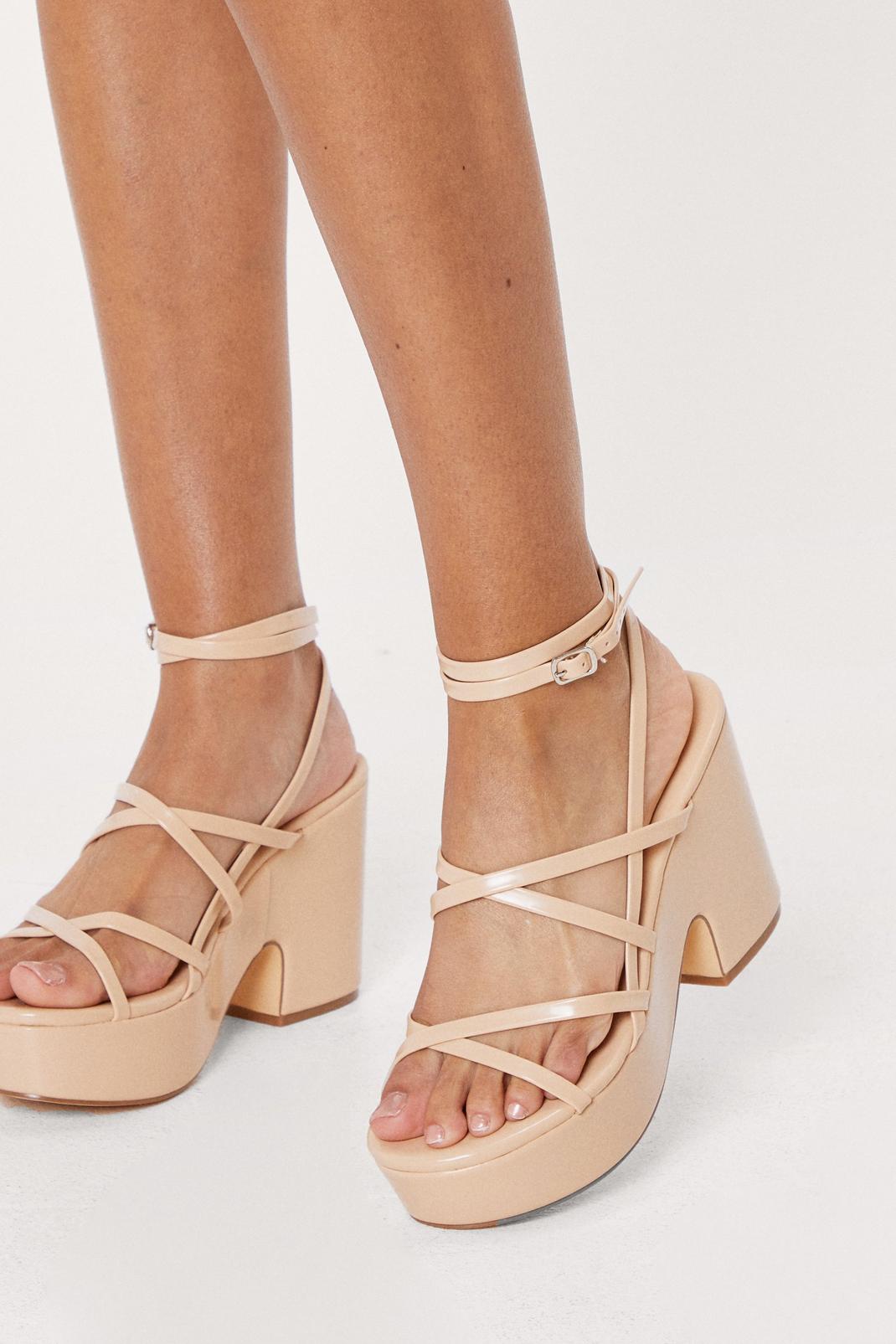 Nude Patent Faux Leather Strappy Platform Heels image number 1