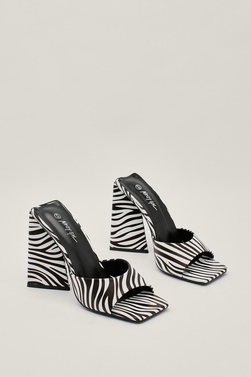 Black Faux Leather Zebra Print Flared Heel Mules image number 1