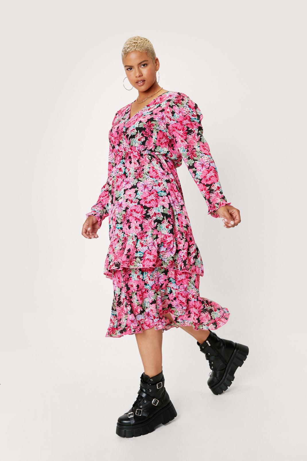 Pink Plus Size Dark Floral Ruffle Midi Dress image number 1