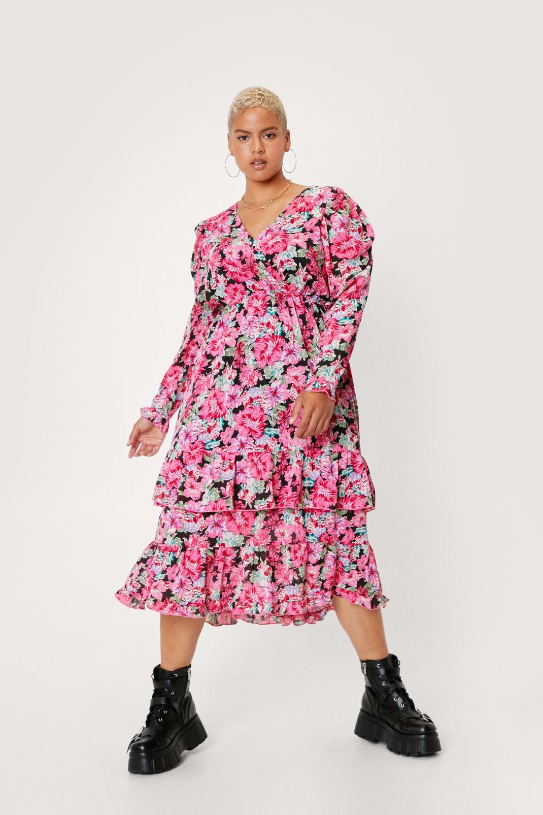 155 Plus Size Dark Floral Ruffle Midi Dress image number 2