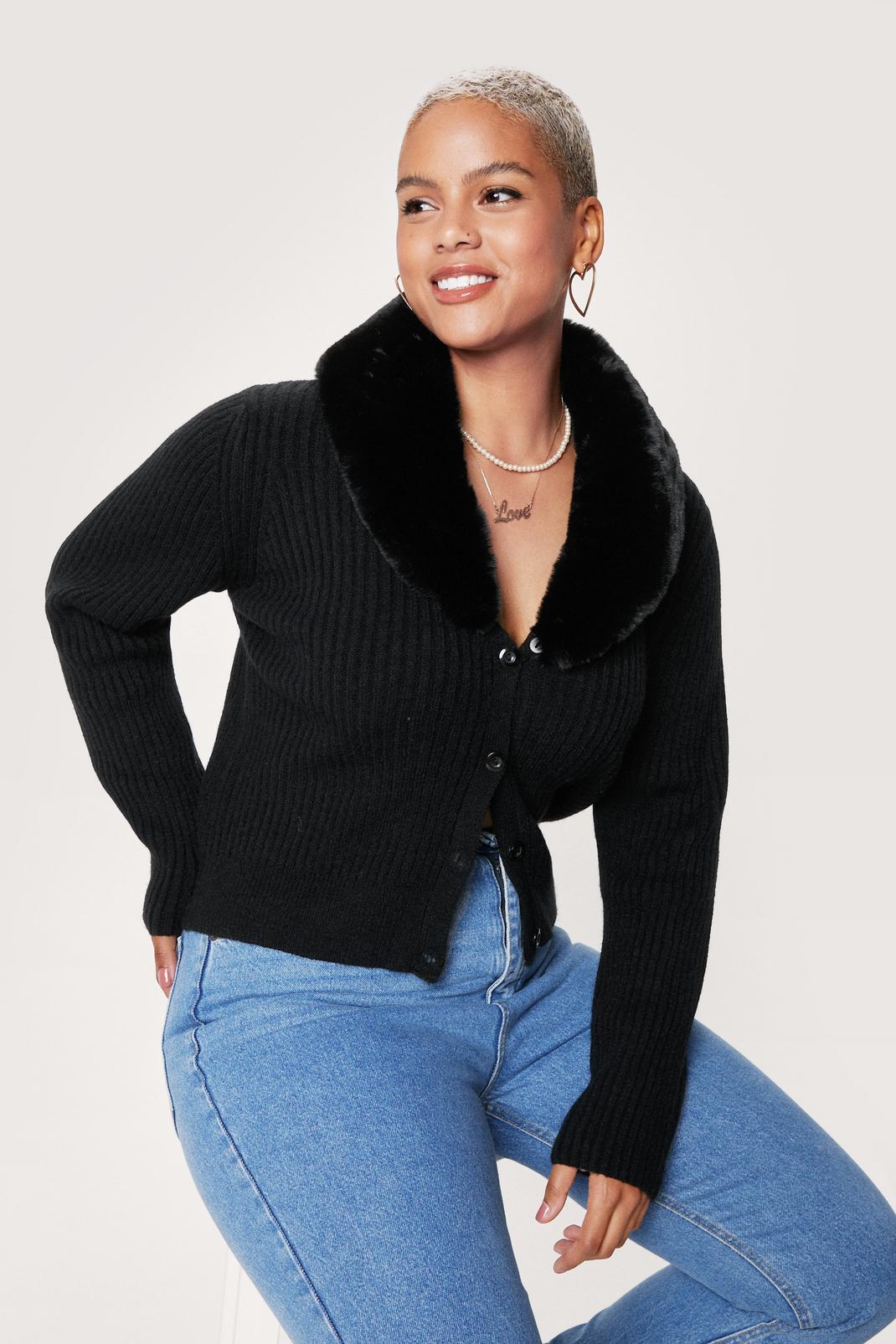 Black Plus Size Faux Fur Collar Cardigan image number 1