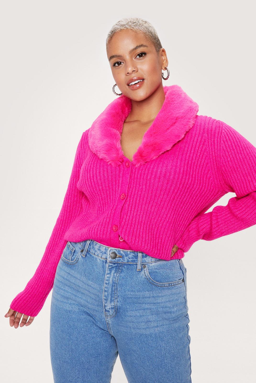Hot pink Plus Size Faux Fur Collar Cardigan image number 1