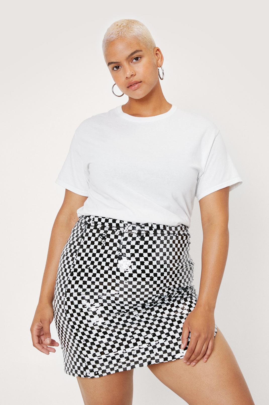 Black Plus Size Sequin Checkerboard Mini Skirt image number 1