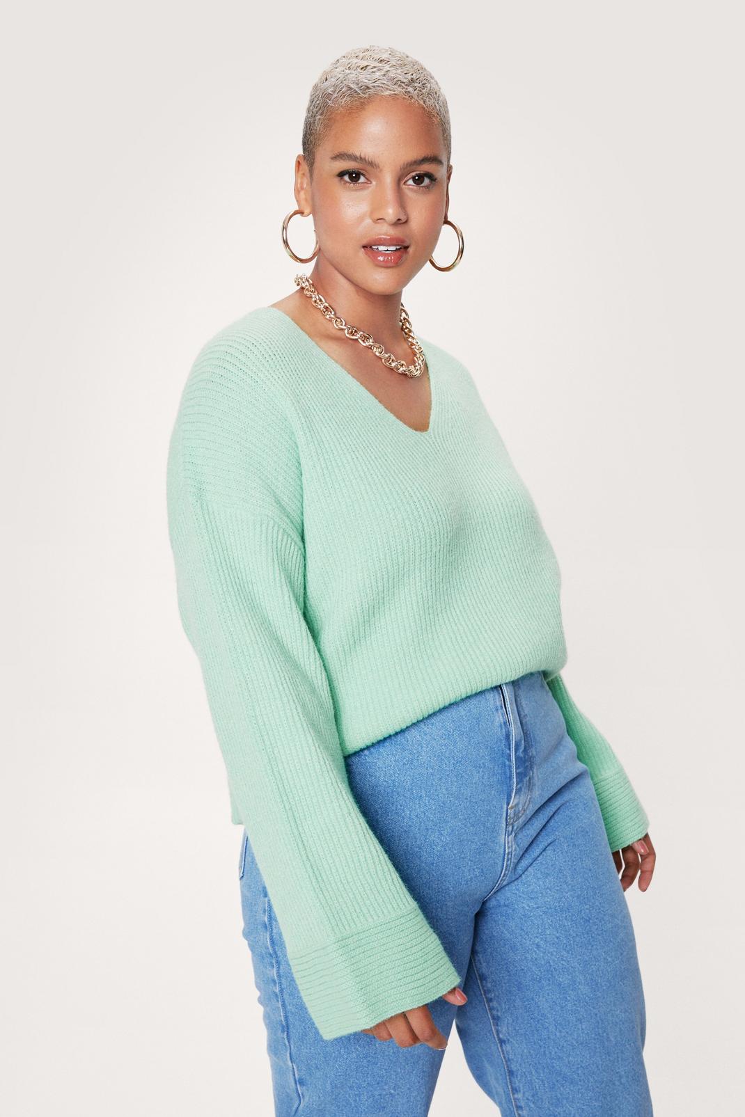 Green Plus Size V Neck Oversized Sweater image number 1