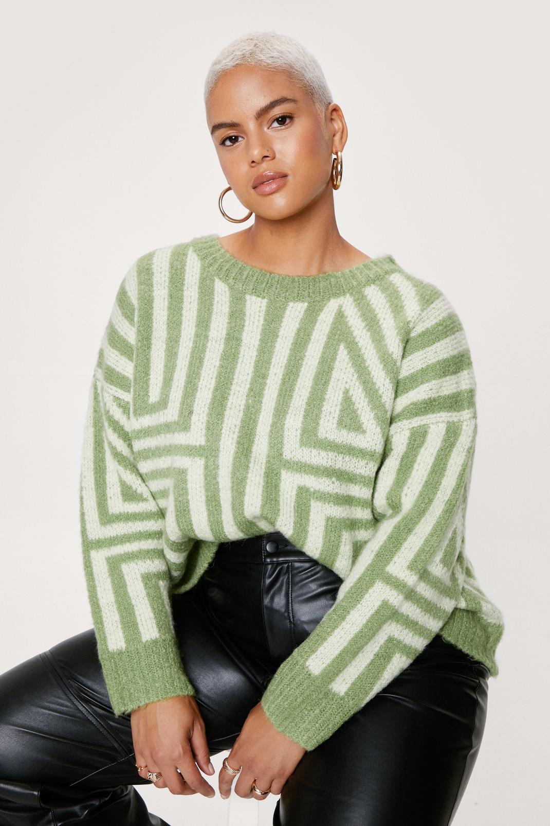 Green Plus Size Graphic Knitted Jumper image number 1