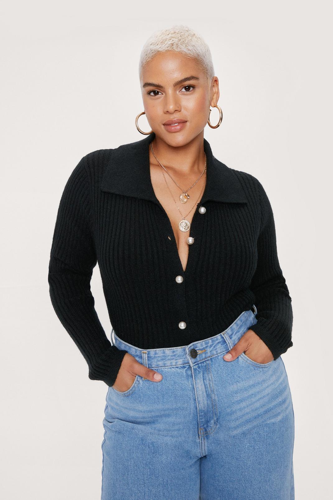 Black Plus Size Pearl Button Knitted Cardigan image number 1