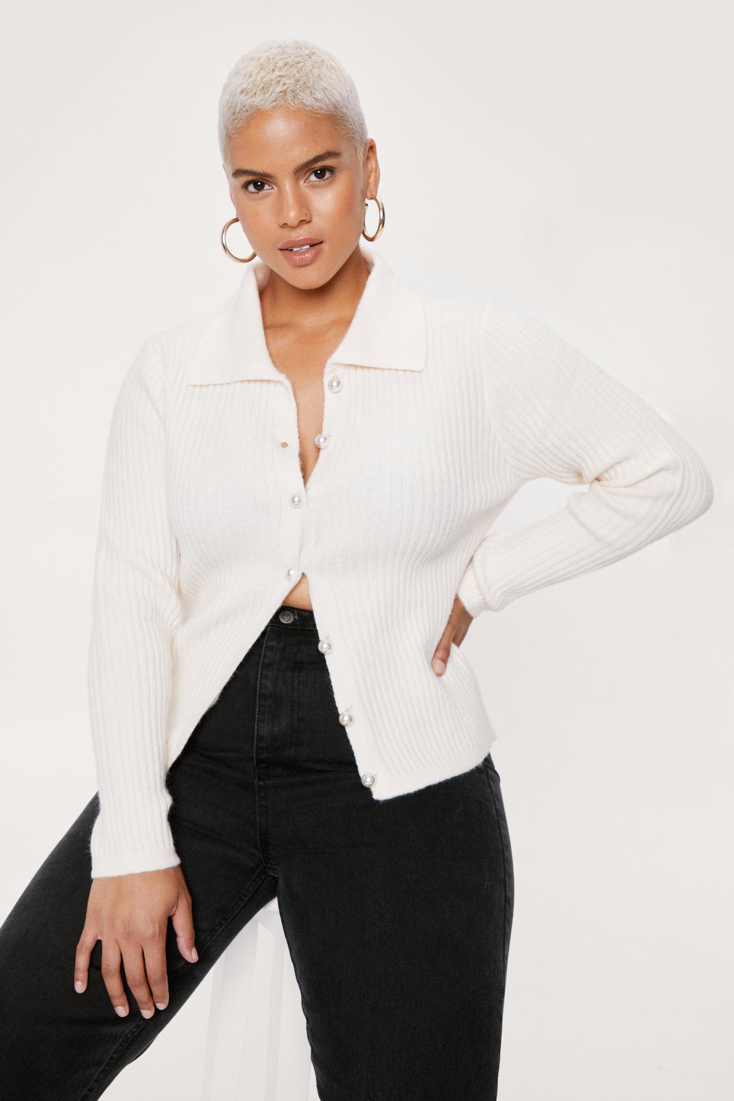 Cream Plus Size Pearl Button Knitted Cardigan image number 1