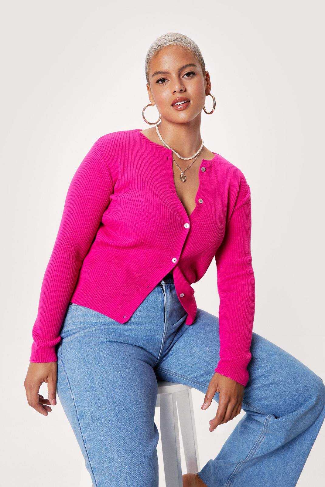 Hot pink Plus Size Knitted Button Down Cardigan image number 1