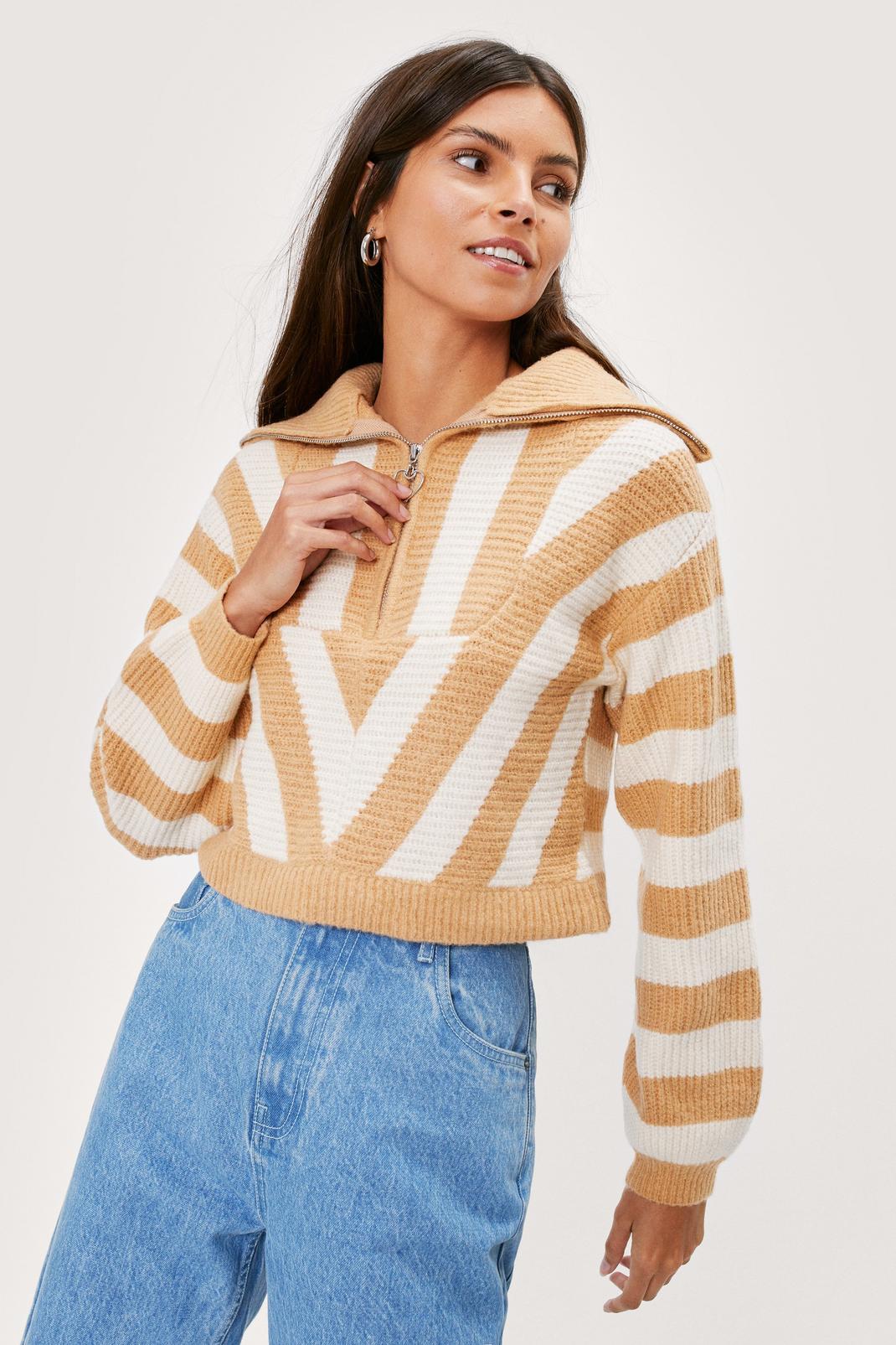 Striped Zip Neck Collar Sweater image number 1