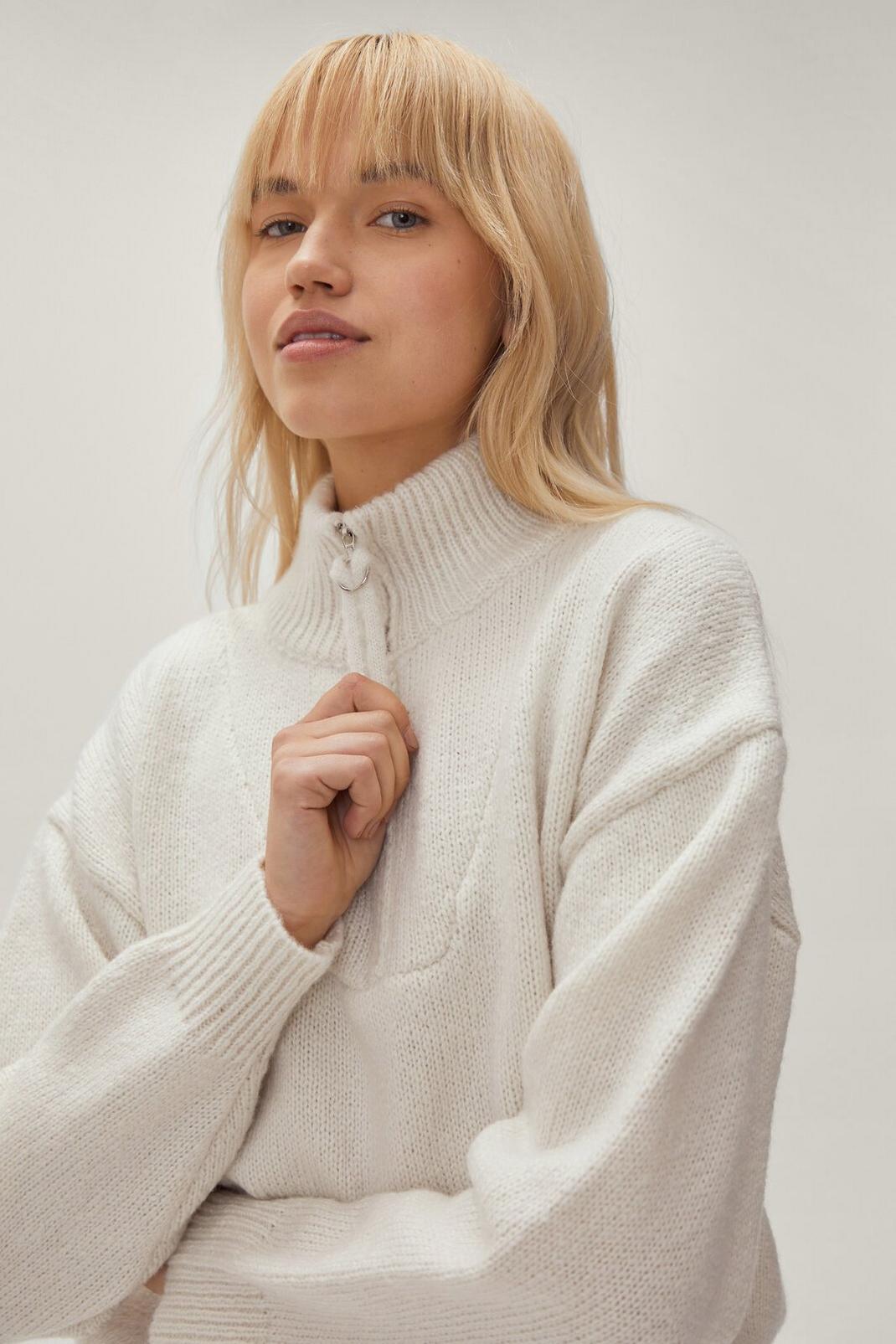Ivory Zip Neck Chunky Knit Jumper  image number 1
