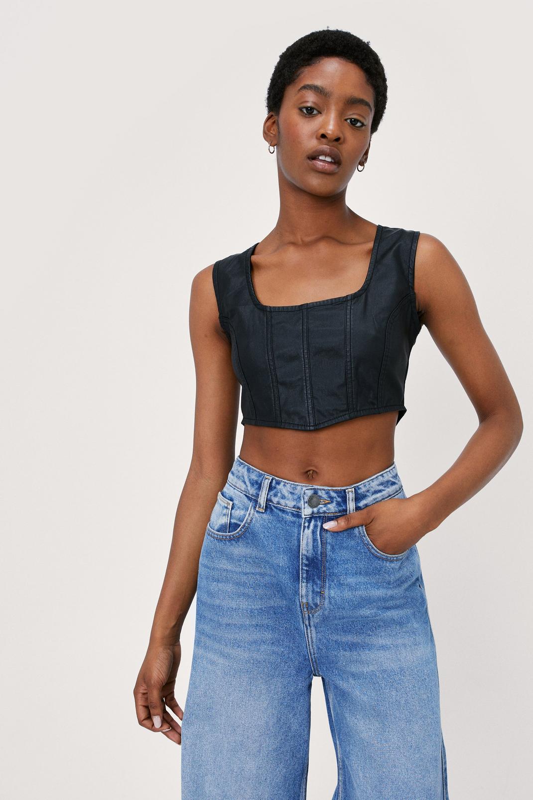 Black Recycled Coated Denim Seamed Corset Top image number 1